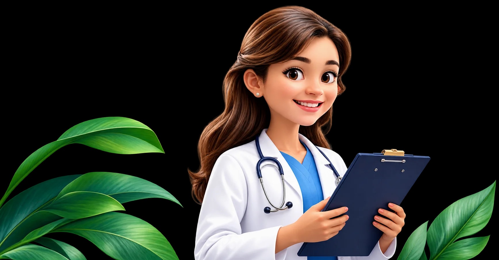 A friendly female physician holding a clipboard, surrounded by green leaves