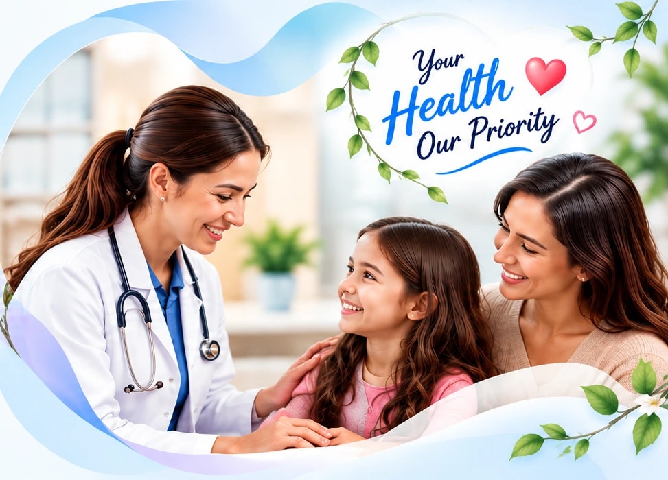 A friendly primary care physician smiling with a young girl and her mother in a bright clinic
