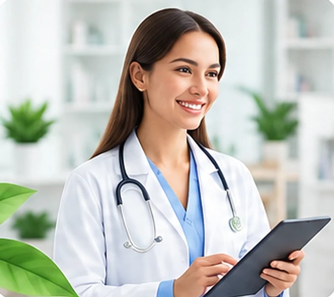 A smiling physician holding a tablet