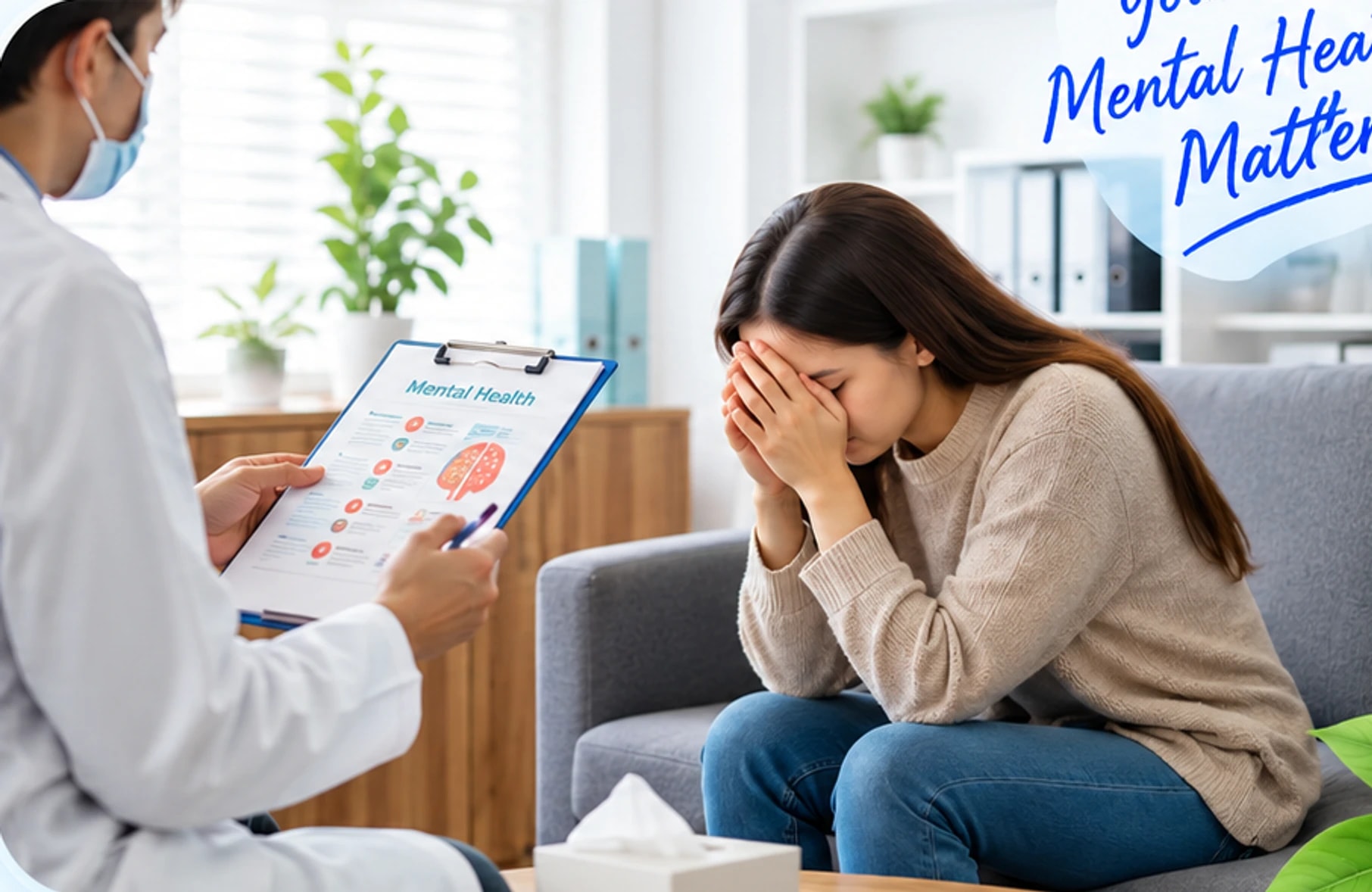 A provider holding a Mental Health clipboard beside a patient holding her head in her hands