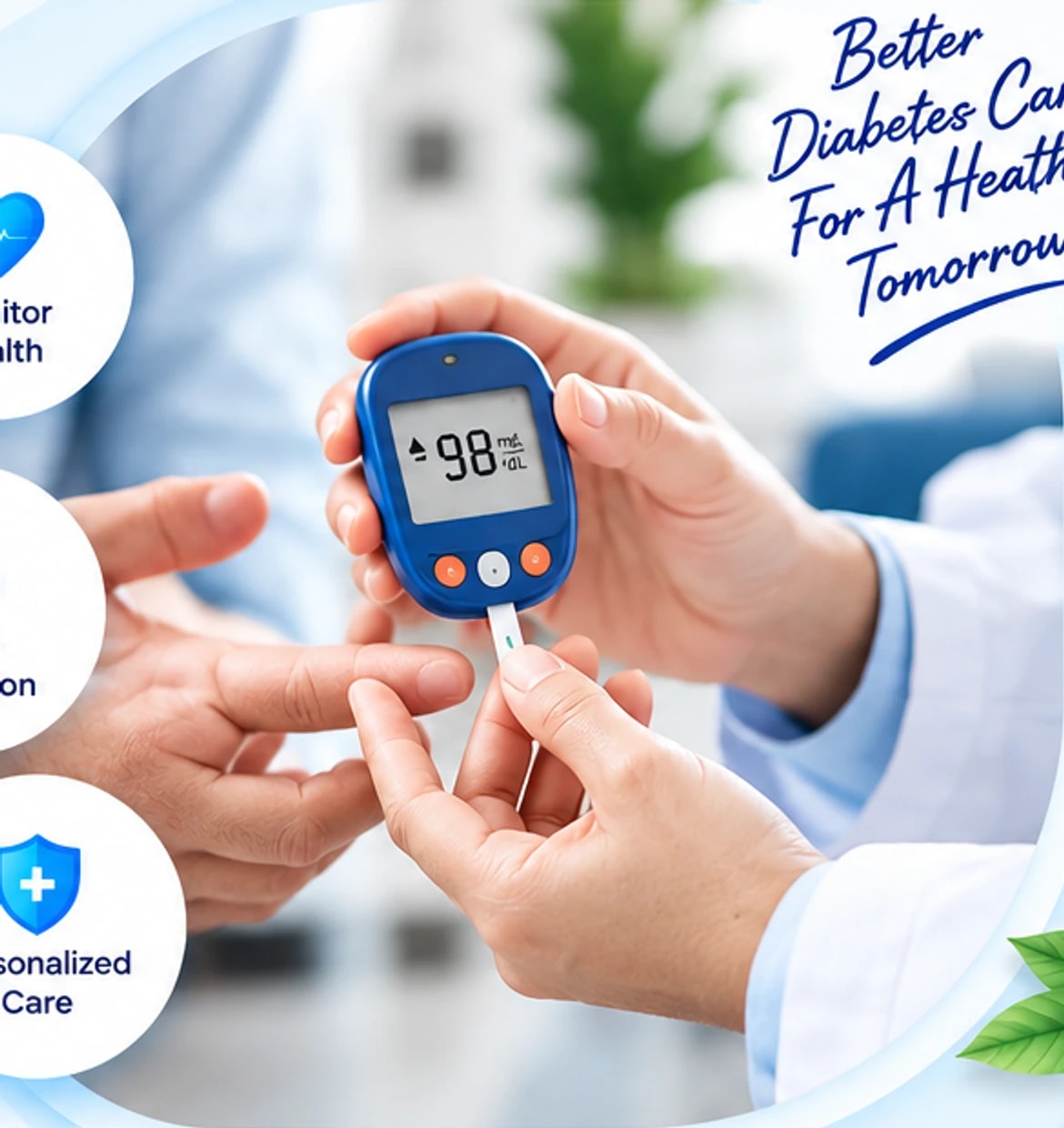 A clinician helping a patient check blood sugar with a glucose meter
