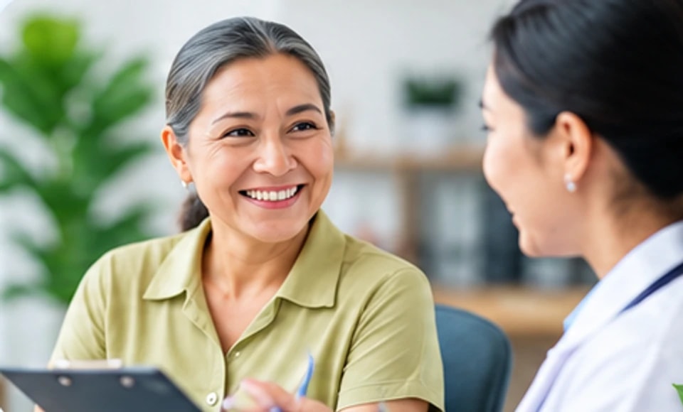 A smiling patient talking with her provider