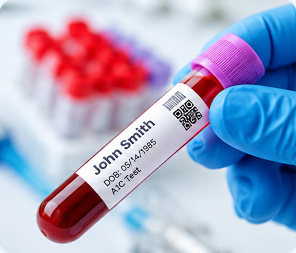 A gloved hand holding a labelled blood sample tube