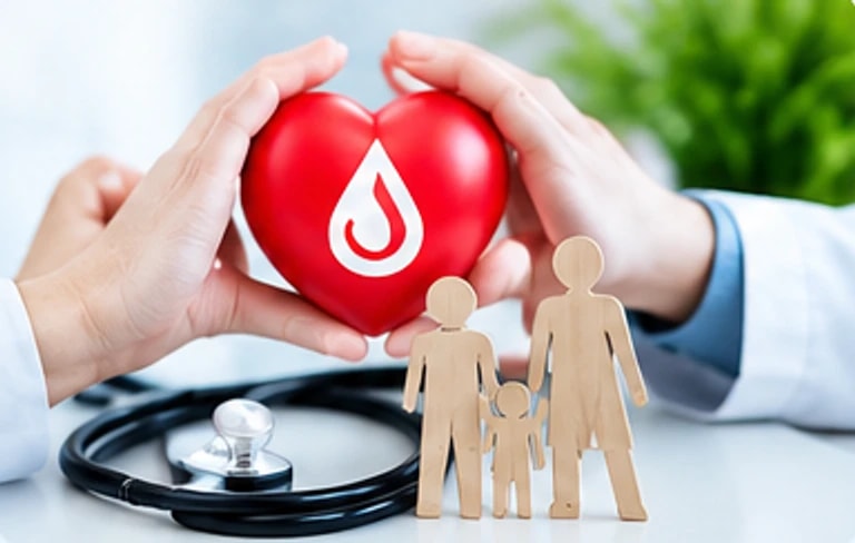 Hands holding a red heart with a blood drop beside a family figurine and stethoscope