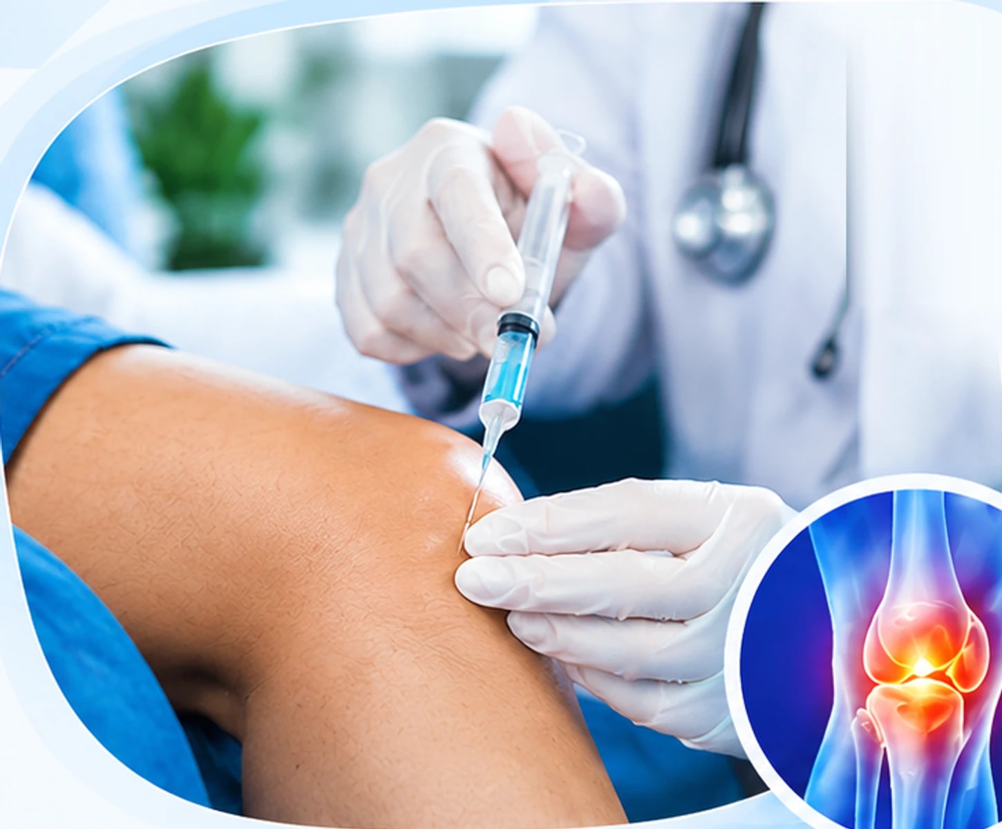 A clinician giving an injection into a patient's knee