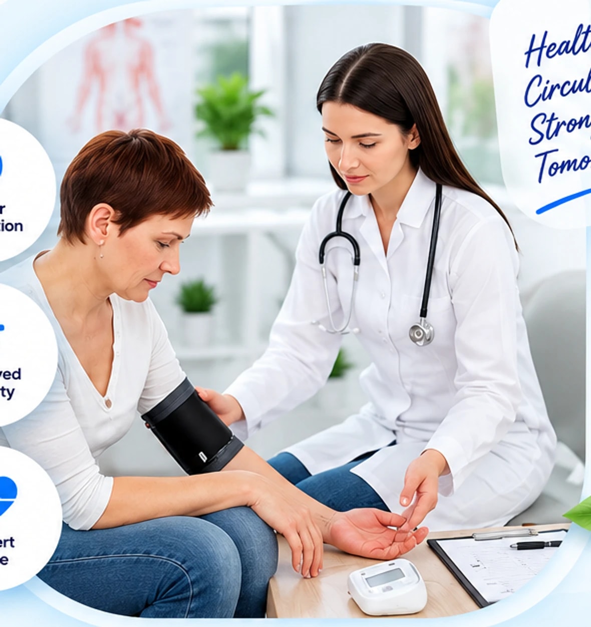 A provider taking a patient's blood pressure in a bright clinic