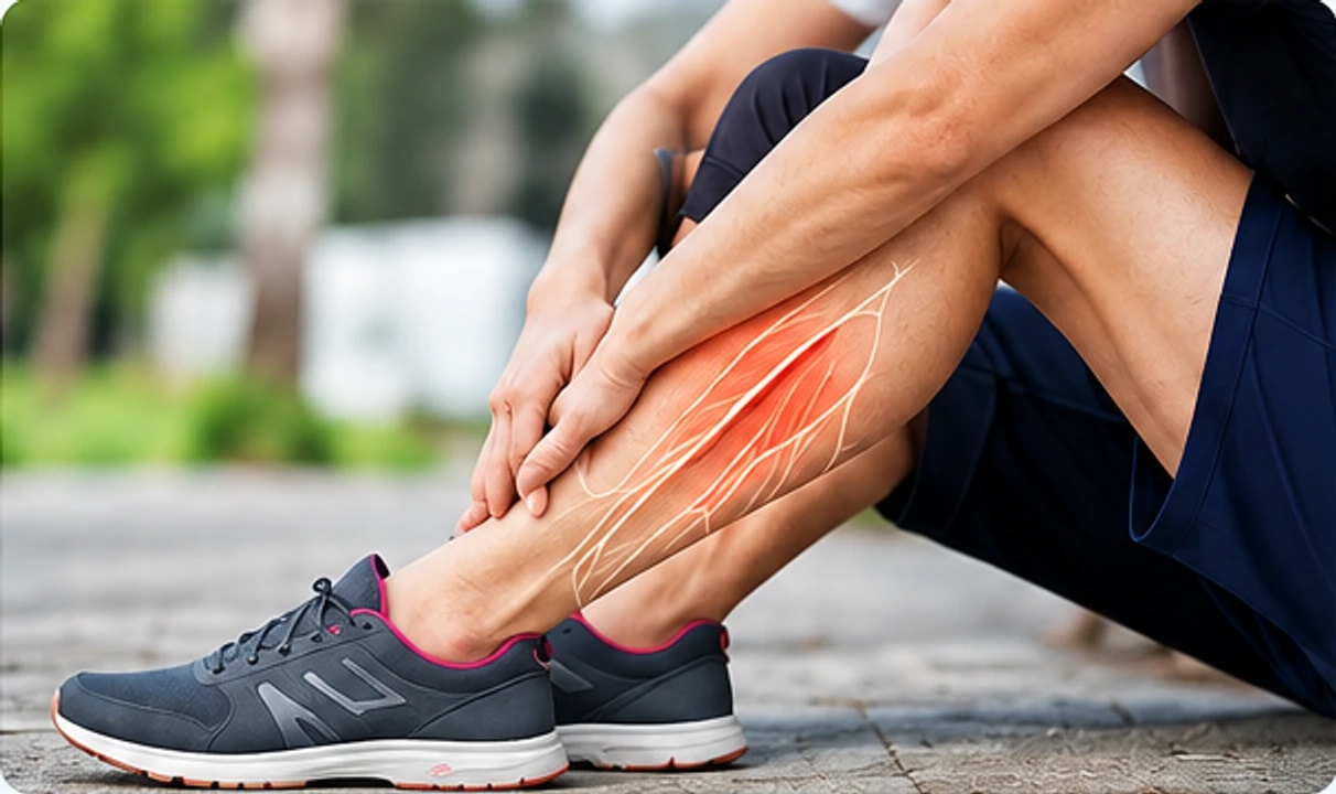 A person sitting and holding a painful calf with the veins highlighted
