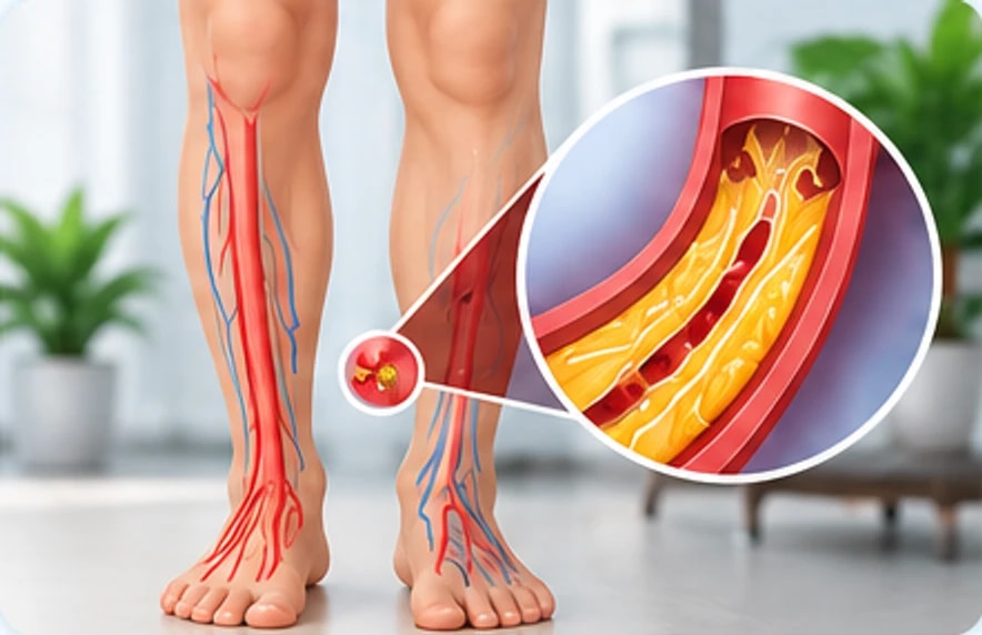 Illustration of legs with an artery cross-section showing plaque