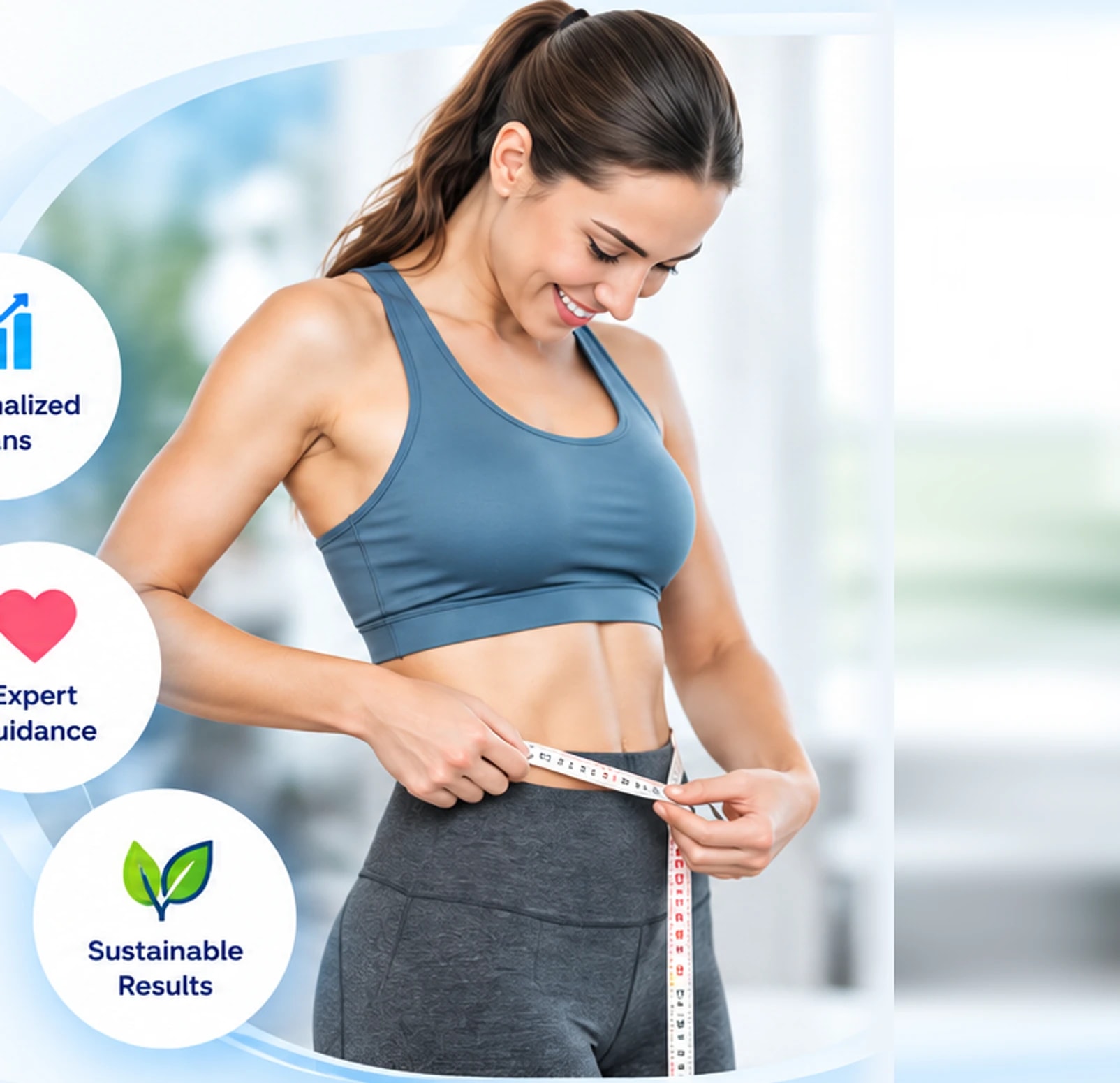 A smiling woman measuring her waist with a tape measure