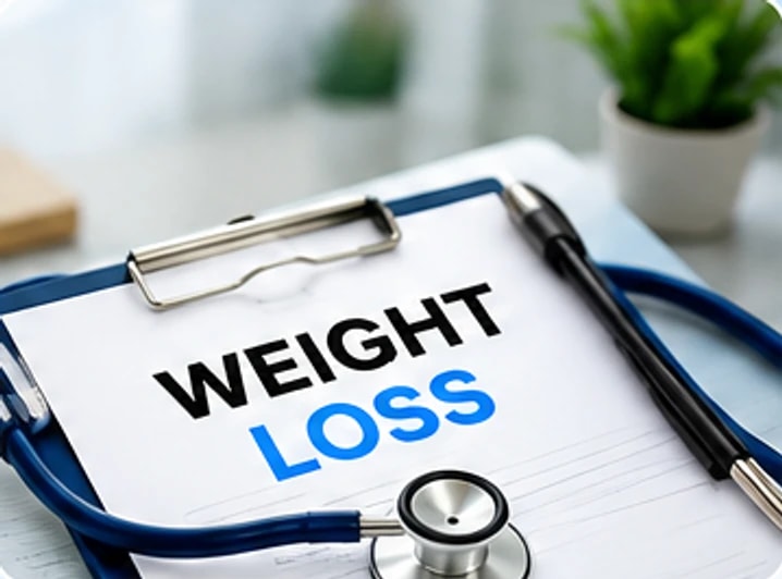 A clipboard reading Weight Loss next to a stethoscope
