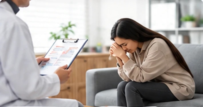 A clinician with a clipboard beside a distressed patient