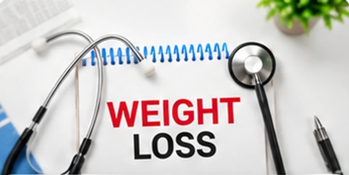 A notebook reading Weight Loss next to a stethoscope