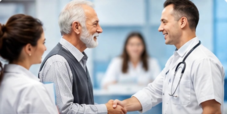 A patient shaking hands with a doctor in a clinic