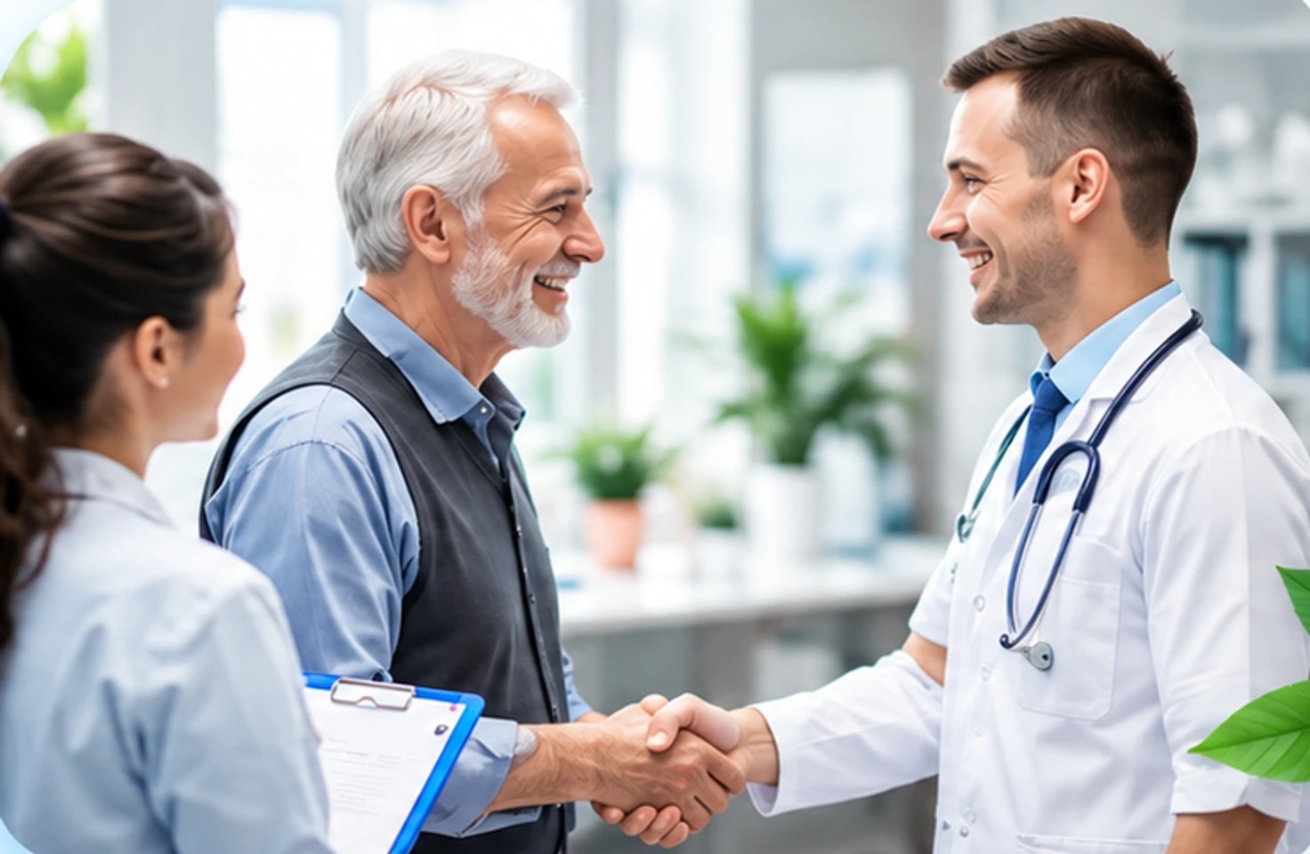 A provider and a nurse greeting an older patient with a handshake