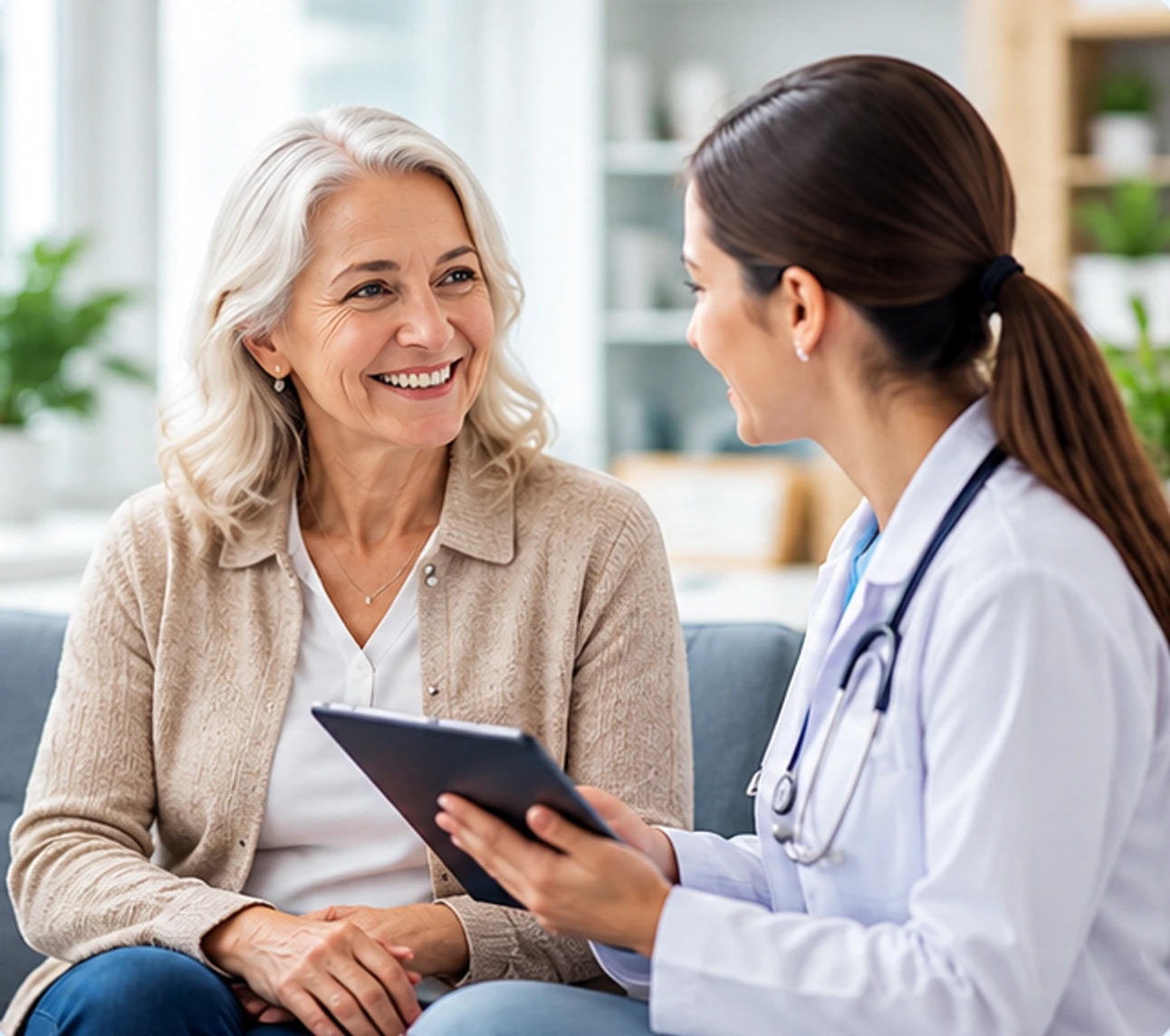 A smiling patient talking with a provider who holds a tablet